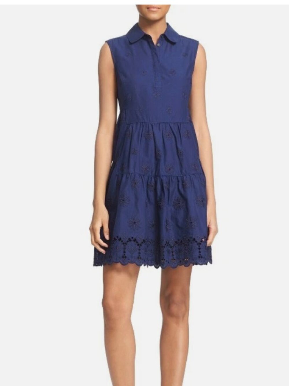 Diane von Furstenberg KIT Midnight Embroidery Eyelet Shirt dress navy blue 10